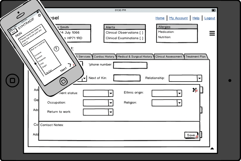 Wireframes of symptom reporting APP and clinical portal
